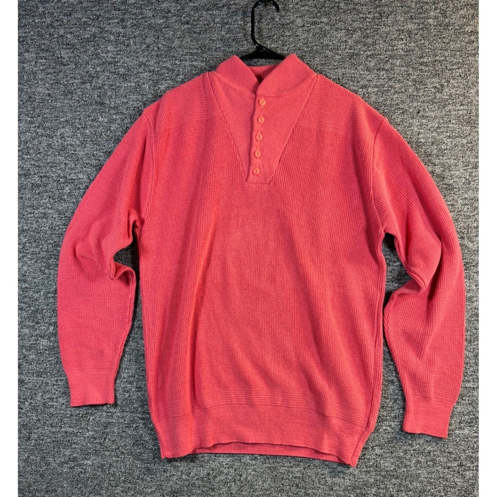 LL Bean VTG Mens Large Long‎ Coral Pink Cotton Ribbed Mock Neck Henley Sweater